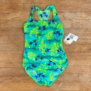 SPEEDO Girls Swim Suit NWT Tropical Print Size 16 Green One Piece Racer Back